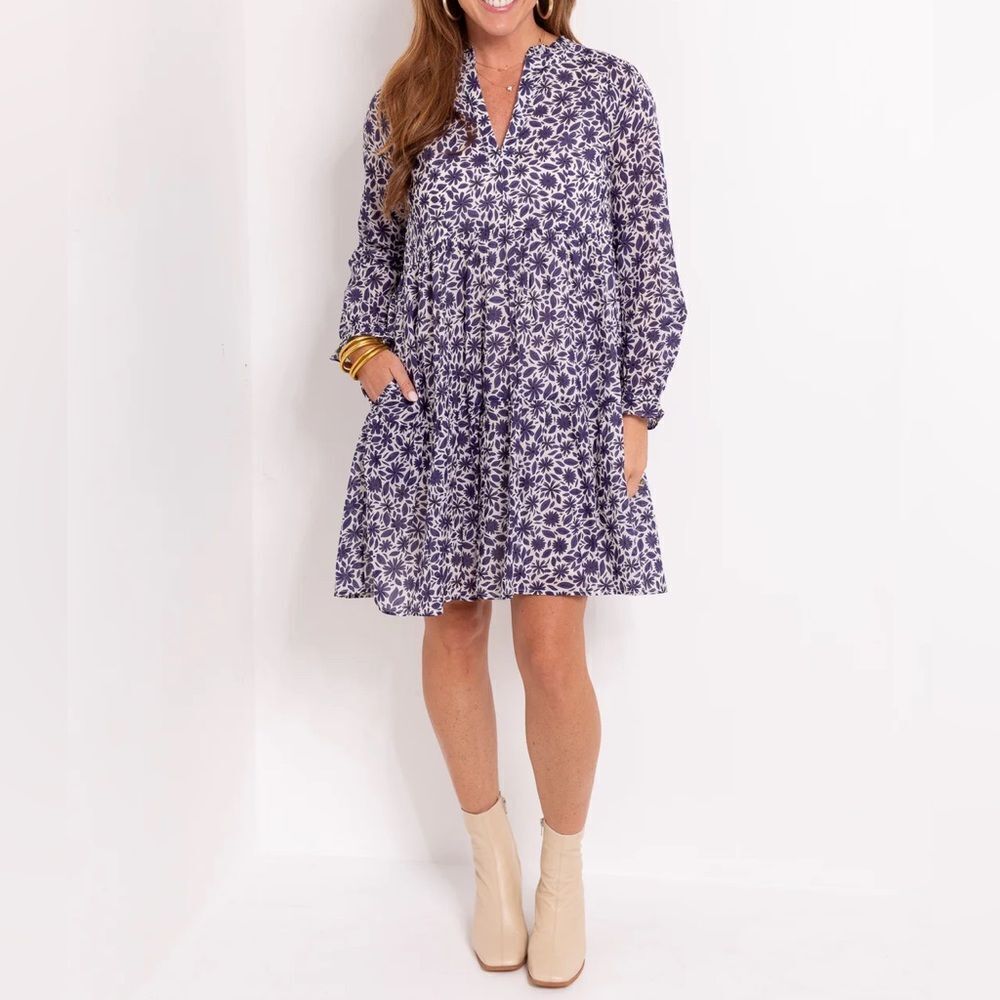 Olivia James Waverly Long Sleeve Cotton Mini Dress Bandana Dusty Blue Sz L